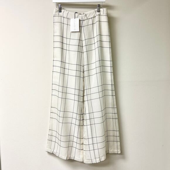 NWT Alexis Plaid Pull On High Rise Wide Leg Trouser Pants White/Black Women's XS - Picture 1 of 4